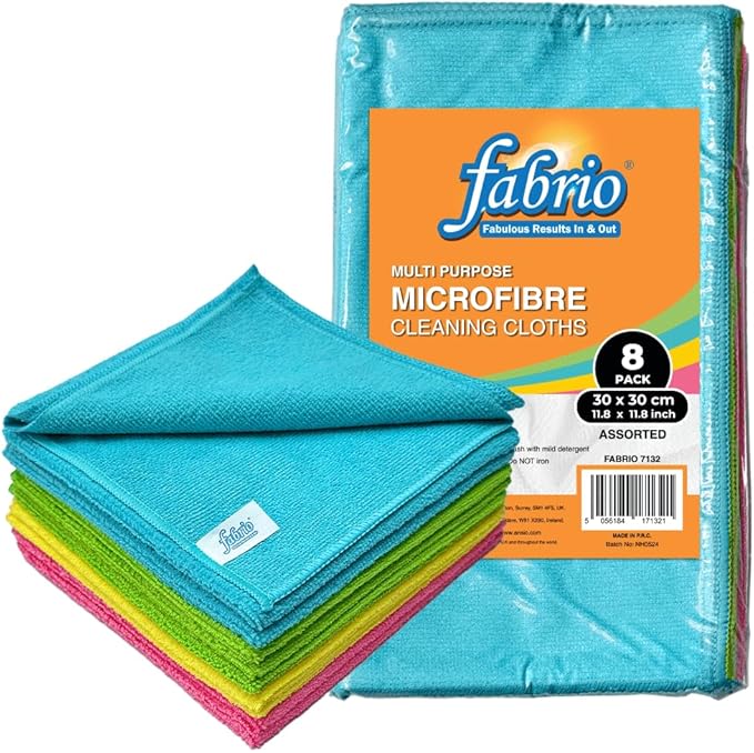 FABRIO Microfibre Cleaning Cloths – Pack of 8, 30x30cm, Ultra-Soft, Lint-Free, Super Absorbent Towels for Kitchen, Car, Glass, and Multi-Surface Cleaning – Assorted Colours