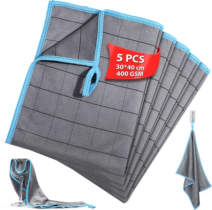 Carbon Microfiber Cleaning Cloths, 5 Pack, 30 x 40 cm, 400GSM, Lint-Free, Grid Pattern for Stubborn Dirt & Grease, for Home, Kitchen, Car & Glass Cleaning - Blue