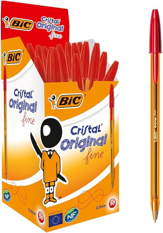 BIC Cristal Fine Ballpoint Pens - Red - Large Box Of 50 Fine Point (0.8 Mm) Long-Lasting Pens Office