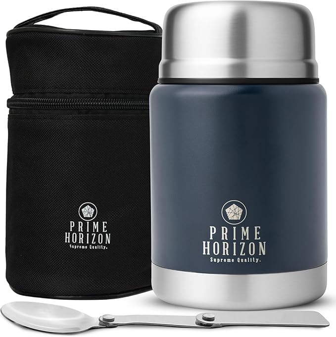 Prime Horizon Food Flask - 500ml Stainless Steel Vacuum Double Wall Jar with Folding Spoon, Leakproof and BPA Free. Free Insulated Travel Bag with Carabiner and Gift Box (Blue)