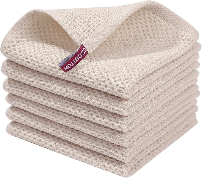 100% Cotton Kitchen Cleaning Cloths, Highly Absorbent Soft Dish Cloths, Quick Drying Kitchen Accessories for Washing Up, Pack of 6, 30 x 30 cm, Beige