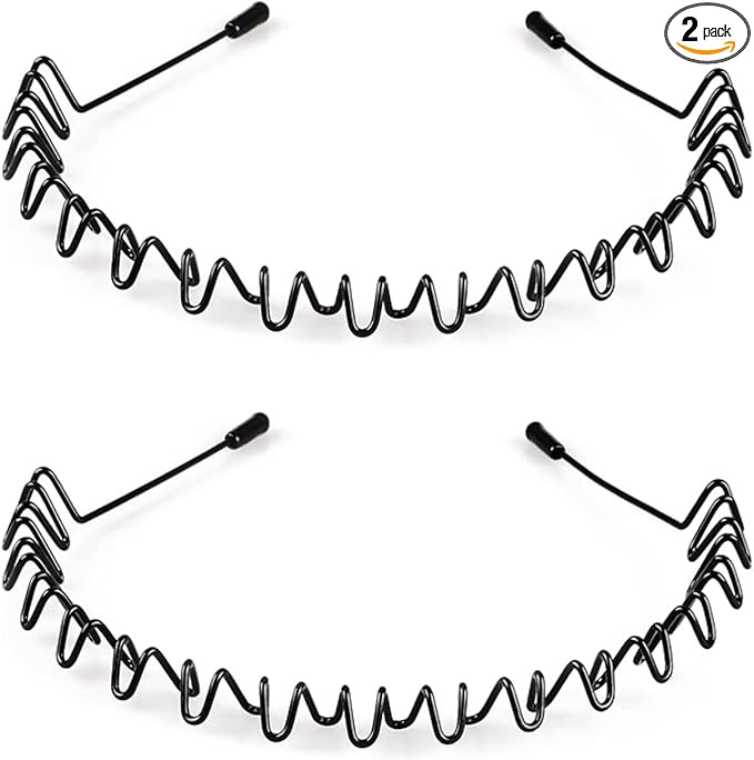 Mens Headbands Metal Hairband Wavy Hairbands Boys Metal Hairband Black Zigzag Unisex Outdoor, Sports, Everyday Wear Hair Bands. (2 Pcs)