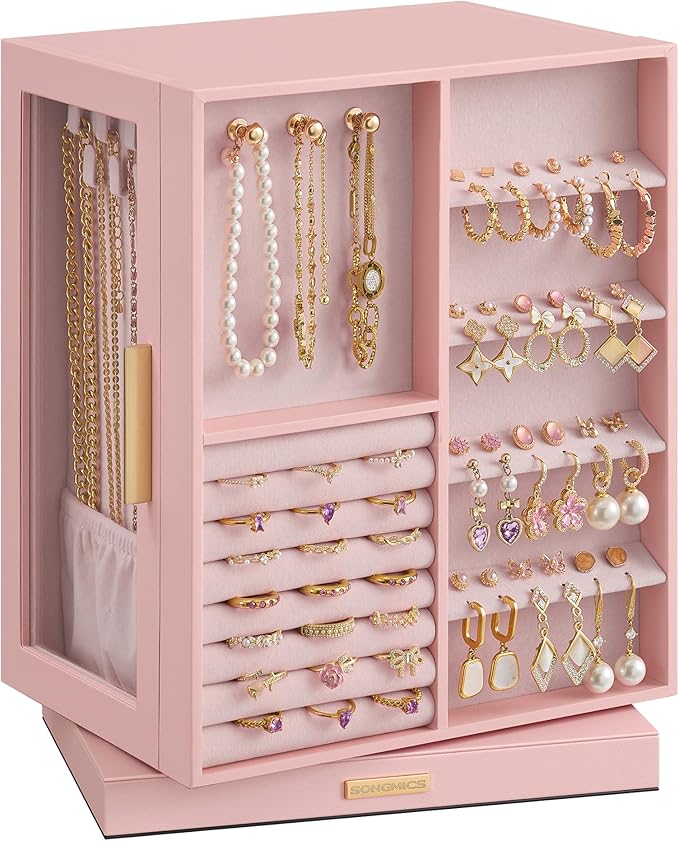 SONGMICS Jewellery Box 360° Rotating, Jewellery Organiser with 5 Drawers, Jewellery Display Case, Glass Window, Spacious, Vertical Jewellery Storage, Open Design, Great Gift, Jelly Pink JBC170R01
