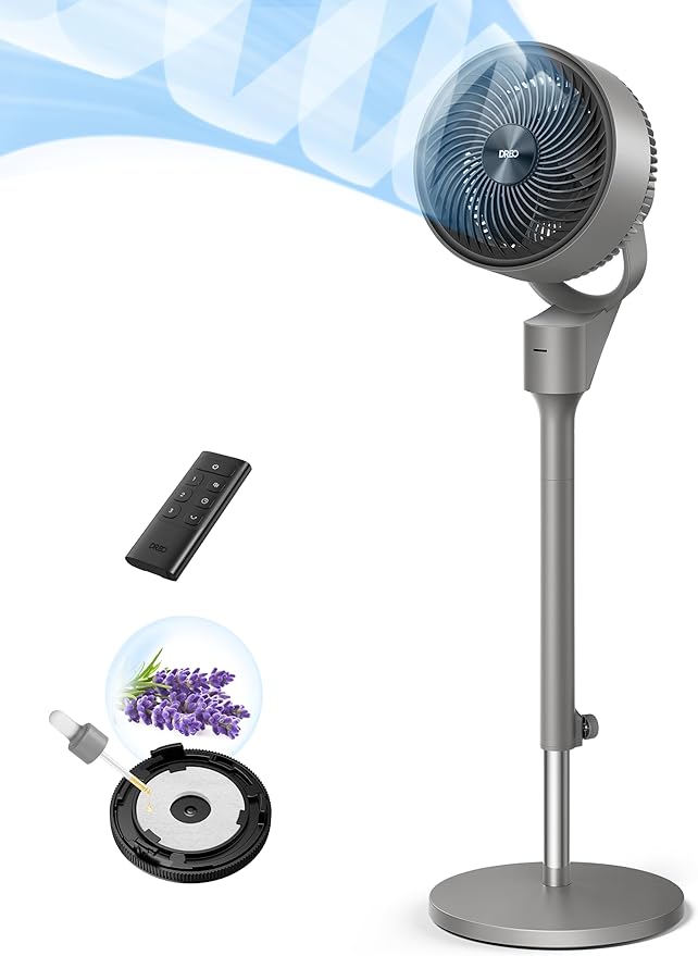 Dreo 80ft Electric Standing Fan for Bedroom, 25dB Silent Pedestal Fans with Remote, 80° Oscillating, 90° Manual Vertical, 3 Speeds, 34-41" Adjustable Height, 6H Timer, Grey
