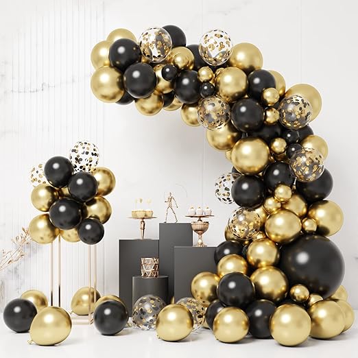 Black And Gold Balloon Arch Kit - 108pcs Black Gold Balloons Garland Kit with Gold Confetti Balloon, Diy Balloon Arch for Men Boy Birthday Party, Wedding, Anniversary, Retirement Decorations, New Year