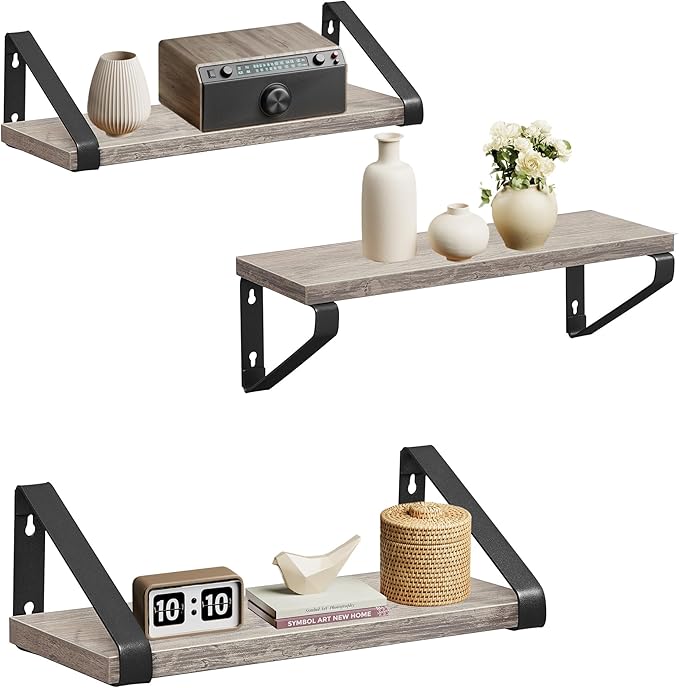 VASAGLE Wall Shelf,Set of 3, 2 Mounting Options, Display Shelf, for Living Room, Kitchen, Study, Bathroom, Greige-Black LWS033B02
