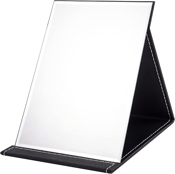 OWLKELA 21x15cm Portable Folding Mirror, Super HD Compact Makeup, Black PU Leather Travel, Free Standing Vanity, Tabletop Foldable