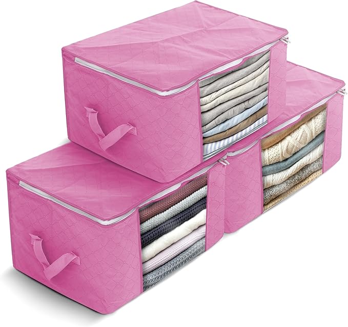 Delka 90L Storage Bags with Lids, Large Storage Boxes with lids, Storage Unit for Clothes, Blankets, Toys, Pack of 3 Foldable Organizers with Reinforced Handles and Clear Window (Dusty Pink, 90L)