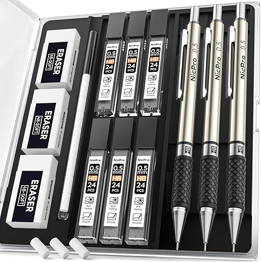 Nicpro 0.5 mm Art Mechanical Pencil Set in Storage Case, 3 PCS Metal Drafting Pencil Lead Pencil with 6 Tube HB Refills, 3 Erasers, 9 PCS Eraser Refills for Artist Writing, Drawing, Sketching