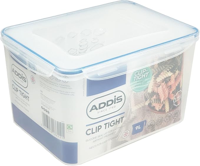 Addis Clip Tight Super Large Food Storage Container 9 Litre Tall Rectangle Airtight Silicone Seal Containers Bpa Free Easy Locking Lid Clips, Clear Transparent