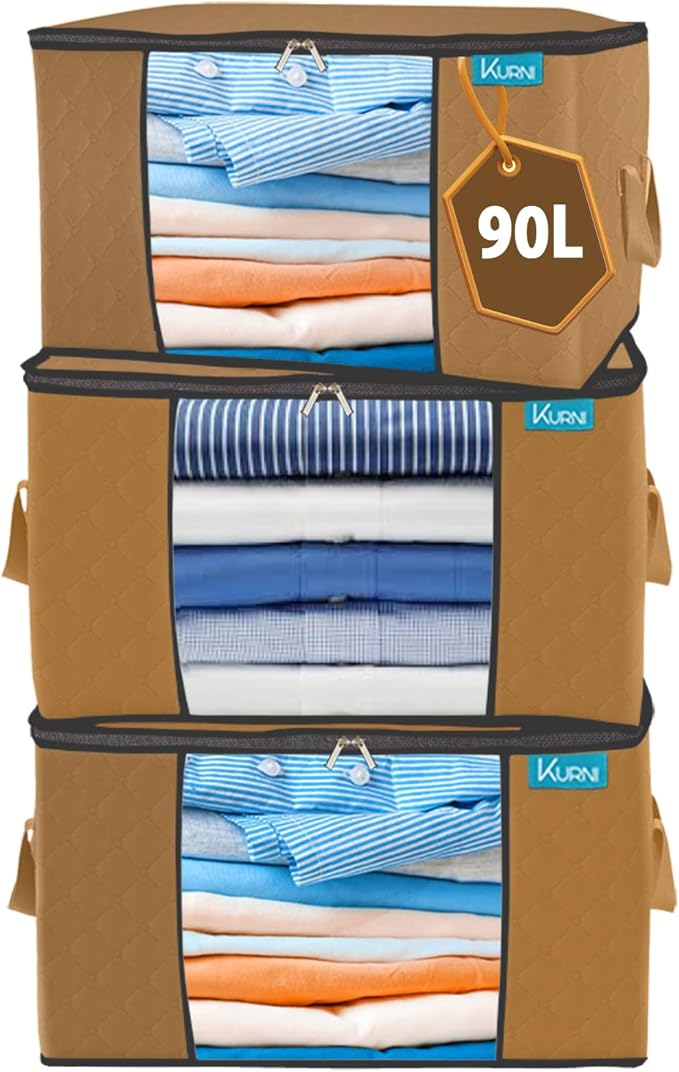 Storage Bags Clothes Organizer 3 Pack Tan, Large Moving Boxes With Top Lid 90L Capacity, 3 Sided Zipper Storage Box. Dust/Mites & Moisture Proof 60 x 43 x 35cm