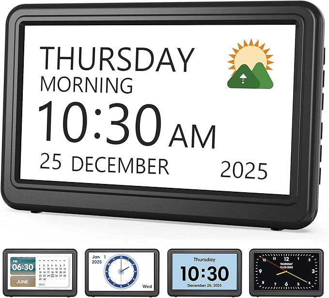 Roxicosly Digital Calendar Alarm Clocks,7" Dementia Clock for Elderly with 20 Custom Alarms 20 Reminders,12 Themes 9 Colors,10 Levels Auto Dimmer,18 Ringtones,Non-Abbreviated Day Date,HD Photo Frame