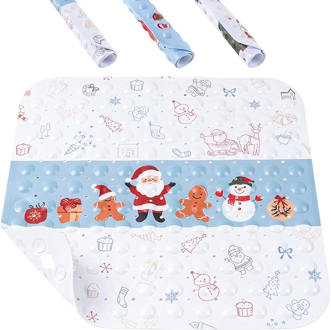 HITSLAM Christmas Shower Bath Mat Non Slip Anti Mould, 53 x 53cm Square Festive Christmas Shower Mat, Machine Washable Bathtub Mat Anti Slip With Suction Cups and Drain Holes, Blue and White