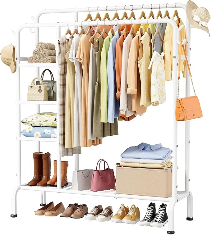 Clothes Rail - Double-Rod Clothes Rack with Built-In Hooks & Shelves, Multi-Functional Clothing Rail for Bedroom, Living Room, Entryway, 106 x 39 x 153cm, White