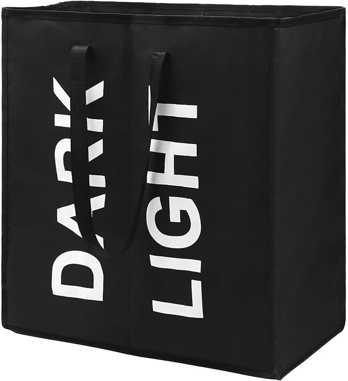 80L Large Laundry Basket with 2 Compartments, Collapisable Laundry Bag, Foldable Laundry Hamper, Folding Washing Storage Bin, Black