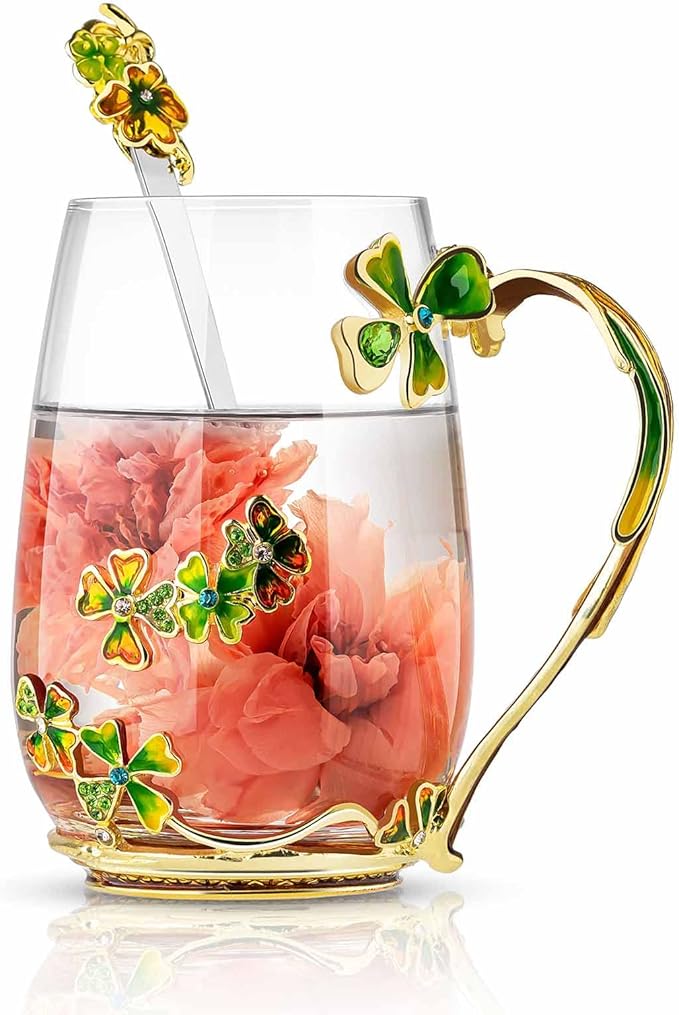 Luka Tech four-leaf clover flower Glass Coffee Mugs Tea Cup with Spoon, Unique Gifts For Women Wife Mom Friends Birthday Mothers Valentines Day Christmas (Green)