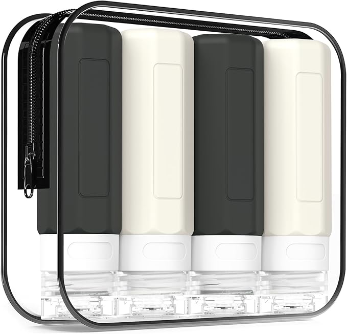Redfly 4 Pack Silicone Travel Bottles for Toiletries, Leak Proof Refillable TSA Approved Squeezable Travel Containers for Shampoo, Conditioner, Lotion - BPA Free with Clear Bag & Labels（Black-white）