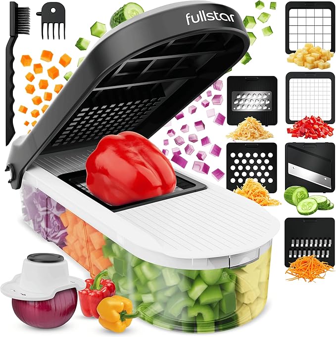 Fullstar Vegetable Chopper & Mandoline Slicer - Julienne Cutter Dicer Grater for Food Veg Onion Cucumber Tomato Salad Potato Cheese - Kitchen Gadgets & Accessories (Compact 6-in-1, White)