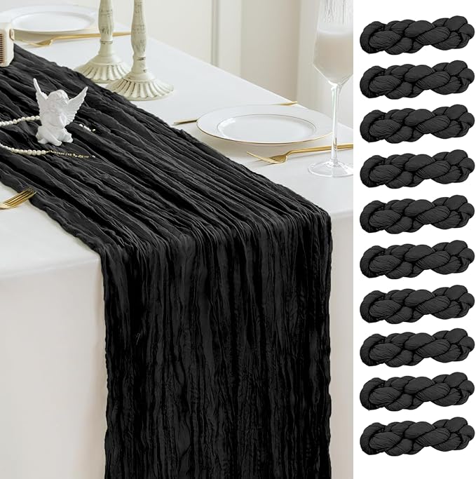 Sioloc Black Cheesecloth Table Runner Decor 10ft Boho Gauze Rustic Cheese Cloth Runner for Tea Wedding Party Baby Bridal Shower Home Decorations