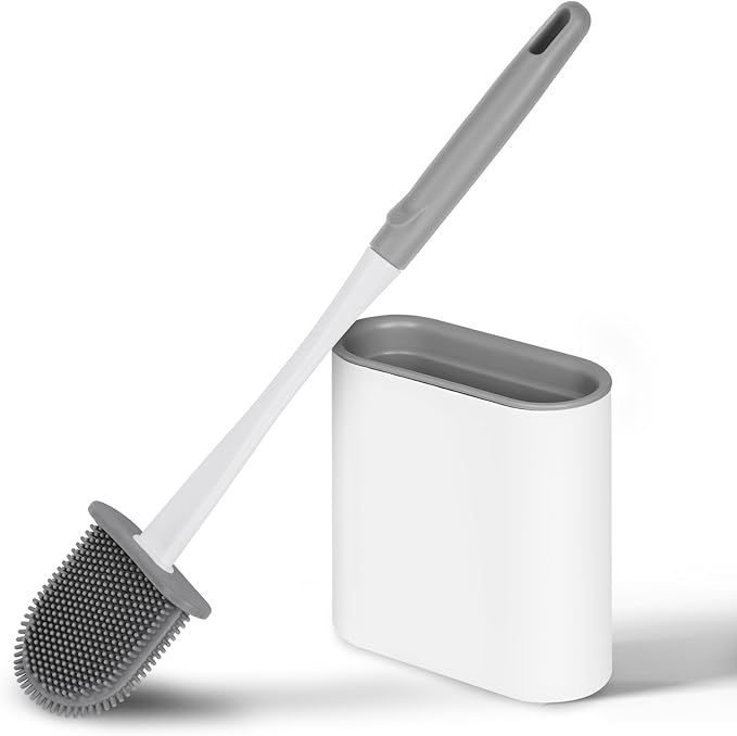 Vicloon Silicone Toilet Brush Set with Quick Drying Holder, Flex Toilet Brush with No-Slip Handle and Flexible Silicone Soft Bristle for Deep Toilet Gap Cleaning (White)