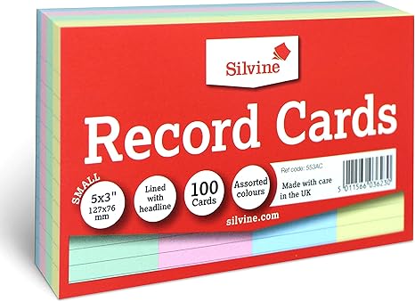 Silvine 5x3" Multi-Coloured Record Cards - Lined with Headline, 100 Cards per Pack. Ref 553AC (127 x 76mm)