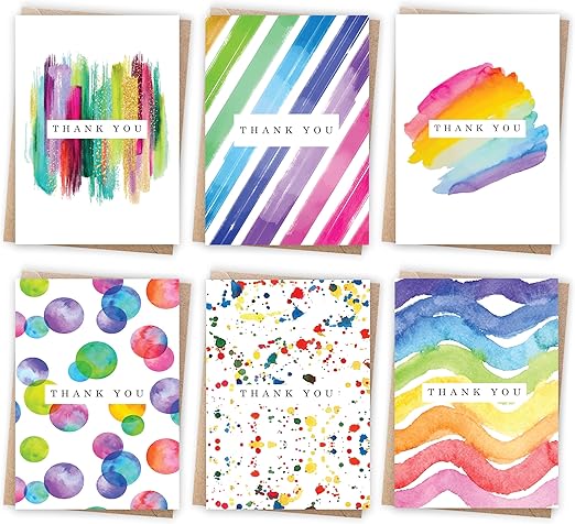 Thank you Cards Multipack of 24 with Envelopes. 6 Watercolour designs. 10 x 15cm. Blank Inside for Teachers, Weddings, Kids. Made in the UK.