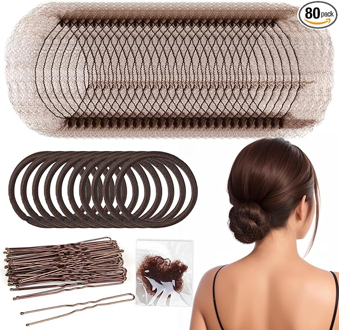 80pcs Brown Invisible Hair Bun Net Set, Teenitor 30pcs Invisible Hair Nets with Elastic Edge Mesh, 40pcs Coffee U Shape Hair Bun Pins & 10pcs Elastic Hair Bands for Girls Women Ballet Dancer Catering