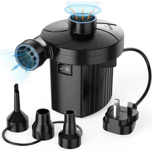 Electric Air Pump for Inflatables - Portable Quick-Fill Pump with 3 Nozzles (S/M/L), 230V AC, Black, Lightweight