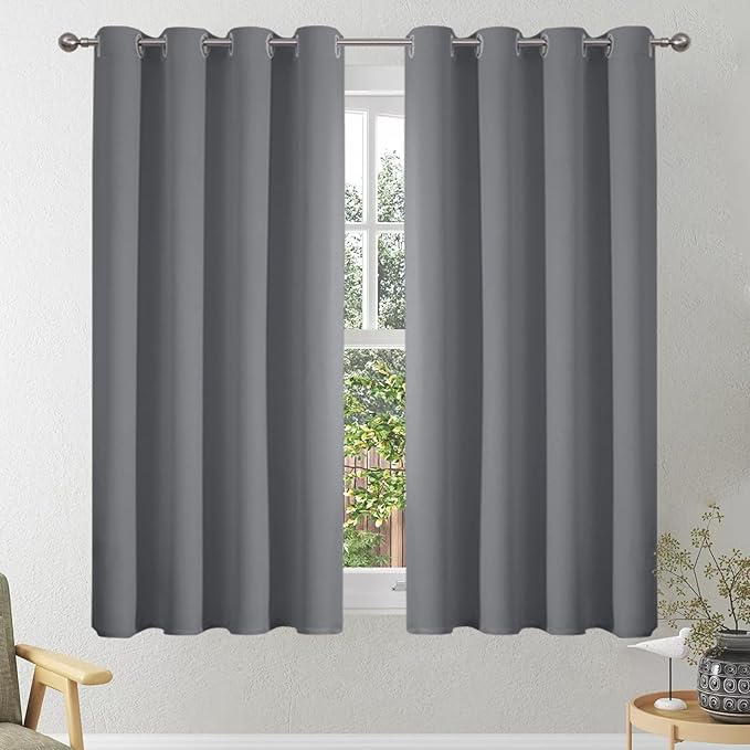Blackout Short Curtains 54 Inch Drop, Eyelet Thermal Insulated Curtain for Cafe, Soft Grey Bedroom Curtains, Living Room Curtain & Drapes, W46 x L54 Inch, Grey, 2 Panels