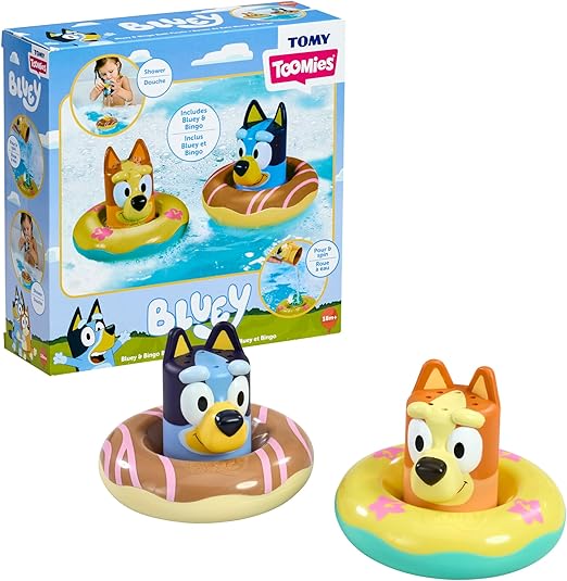Toomies Bluey Bath Float 2 Pack | Pouring Cup Bluey and Bingo ToddlerBath Toys in Floating Pool Rings with Water Wheels | Officially Licensed BlueyToys | Toddler Toys for 18 Month Old Plus