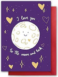 Valentines Card. Love you to moon and back Design. Eco-friendly. A5 size. Valentine's Card with Red Envelope. Verse inside. Printed and Packed in UK.
