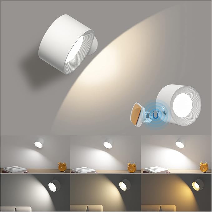 LED Wall Light, Wall Lamp with 3 Color Modes 3 Brightness Levels 360°Rotate Magnetic Ball Touch Control, Indoor Wall Lights Battery Wall Light for Bedroom Reading Living Room-1Pack[Energy Class G]