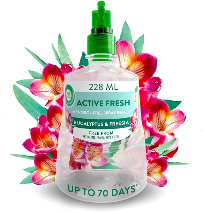 Air Wick Aerosol-Free Automatic Air Freshener Spray Refill, Eucalyptus & Freesia, Pack 1 x 228ml, 24x7 Active Fresh Odour Neutraliser, Lasts Up to 70 Days, Air freshener For Home