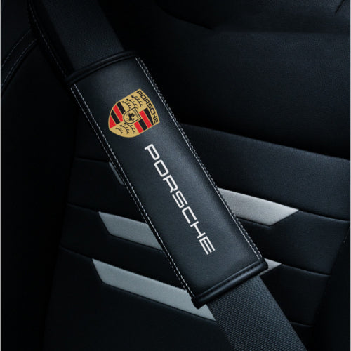 (Porsche) 2pcs Black Car Seat Belt Real-Leather Shoulder Pads Cushion For Car Logo