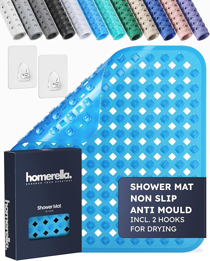 homerella® Shower Mat Non Slip Anti Mould 53 x 53 cm, INCL. Hooks for Drying, Bath Mat Non Slip Anti Mould, Shower Mats for Inside Shower, BPA-Free and Machine Washable for Children and Elderly