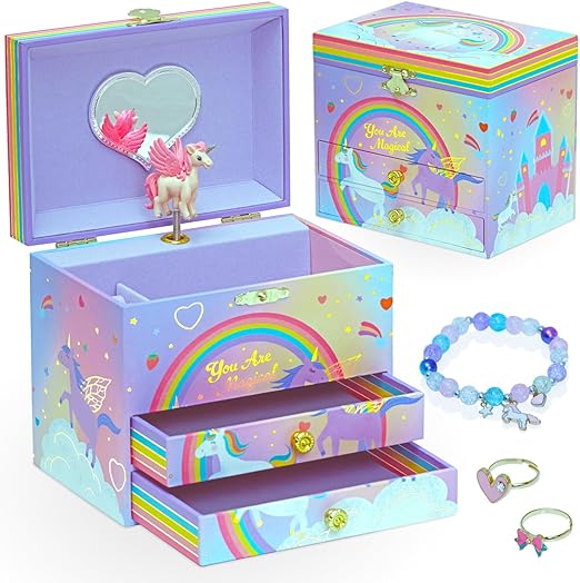 Style Girlz Musical Jewellery Box - Unicorn Jewellery Box For Girls - Large Kids Jewellery Music Box With 2 Pullout Drawers - Includes Unicorn Jewellery Bracelet & Rings - Birthday Gifts For Girls