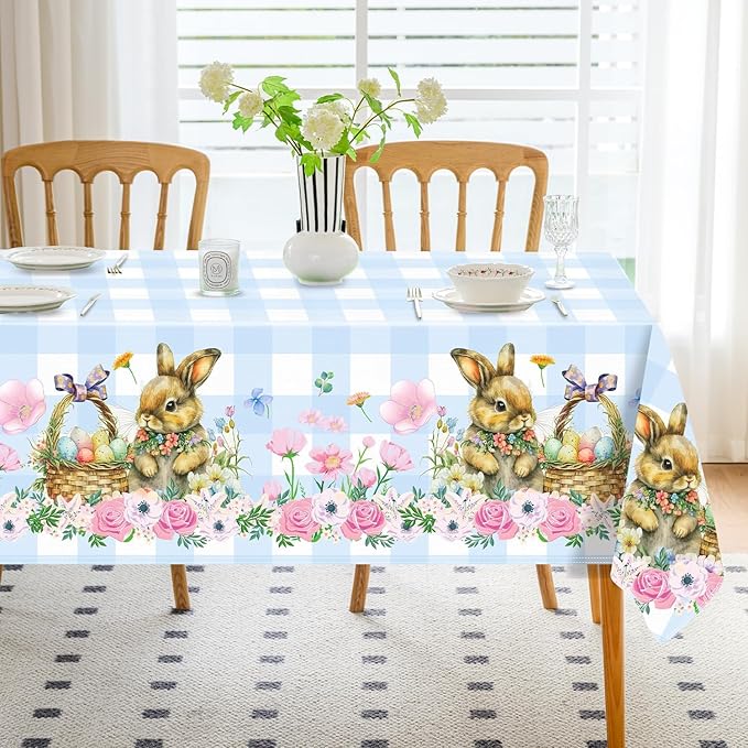 Romanstile Easter Table cloth Wipeable 200x140cm Blue and White Gingham Table Cloths Bunny Tablecloths Small Table Cover Water Resistant for Spring Outdoor Party Birthday Coffee Decorations,79x55 inch
