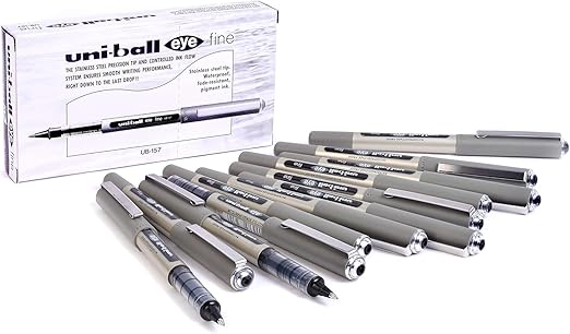 uni-ball UB-157 Eye Rollerball Pens. Premium Fine 0.7mm Ballpoint Tip for Super Smooth Handwriting, Drawing, Art, Crafts and Colouring. Fade and Water Resistant Liquid Uni Super Ink. Box of 12 Black