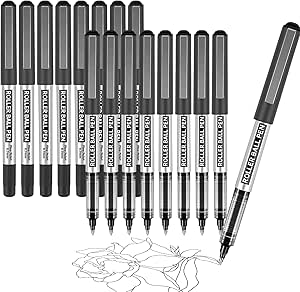 Rollerball Pen, 16 Pack Black Gel Pens 0.7 mm Fine Point Liquid Ink, Quick-Drying Ballpoint Pen for Writing, Journaling, Home Office Stationary Supplies