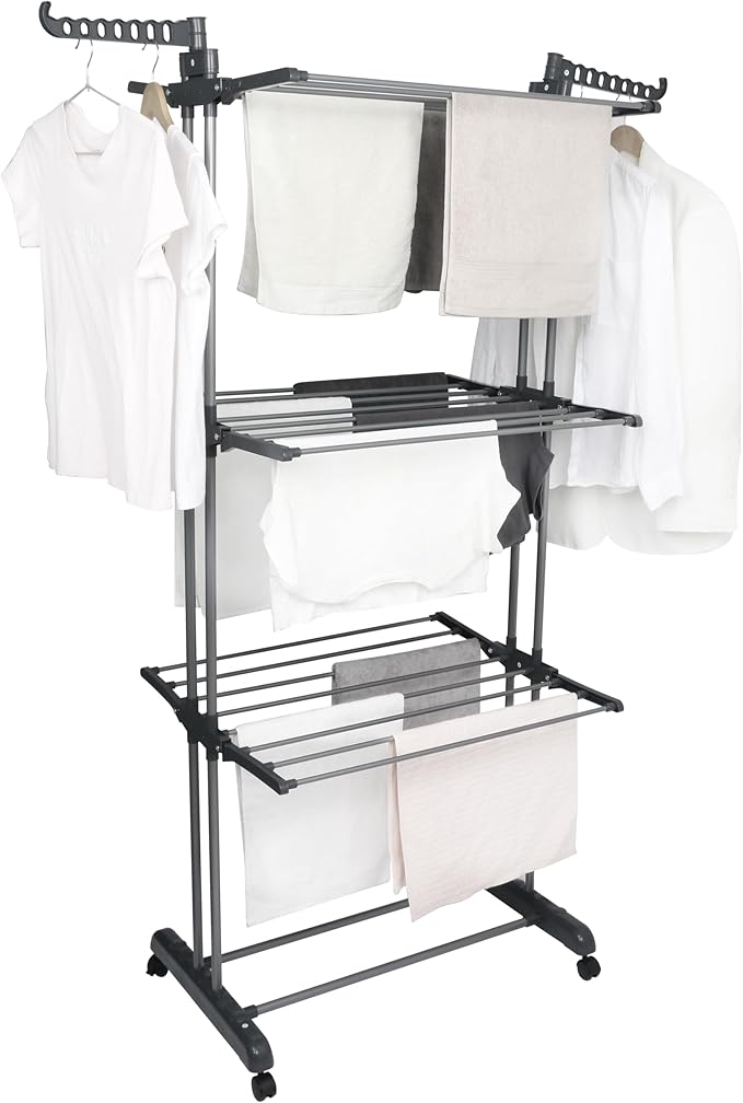Airer Clothes Drying Rack,4-Tier Grey Foldable Clothes Hanger Adjustable Large Stainless Steel Garment Laundry Racks for Indoor Outdoor with Foldable Wings