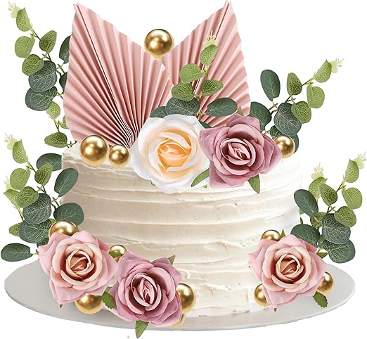 22 Pack Rose Artificial Flower Leaves Cake Decorations Gold Balloon Cake Toppers Paper Palm Fan Cake Toppers for DIY Wedding Bithday Valentine's Day Party Cake Decorations Supplie