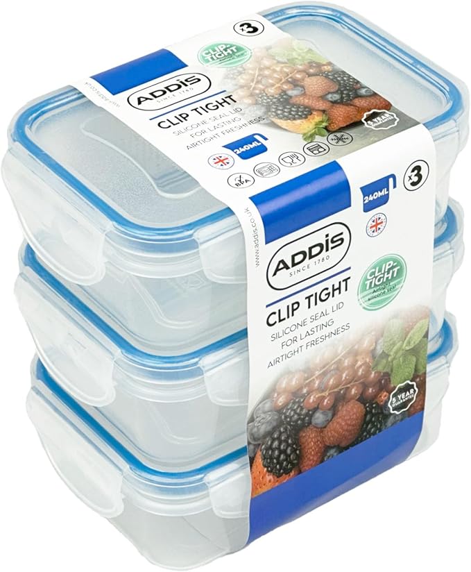 Addis Clip Tight Food Storage Containers 240 ml Rectangle Pack Of 3 Airtight Containers Bpa Free Easy Locking Lid Clips, Clear Transparent