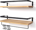 AGM Floating Shelves Wall Mounted Shelf, Wooden Wall Shelves Racking Set of 2 for Bedroom, Bathroom, Living Room, Kitchen Storage w/ 1 Towel Bar and 8 S Hooks, Max Load 33lbs