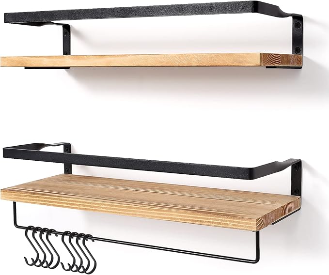AGM Floating Shelves Wall Mounted Shelf, Wooden Wall Shelves Racking Set of 2 for Bedroom, Bathroom, Living Room, Kitchen Storage w/ 1 Towel Bar and 8 S Hooks, Max Load 33lbs