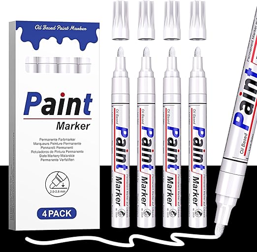 White Paint Pens, Permanent Paint Markers, 2-2.8mm Round Tip, White Marker Pen for Rock Painting, Tyre, Metal, Glass, Wood, Plastic, Leather, Ceramic, 4 Oil-based Waterproof Ink Pen Set