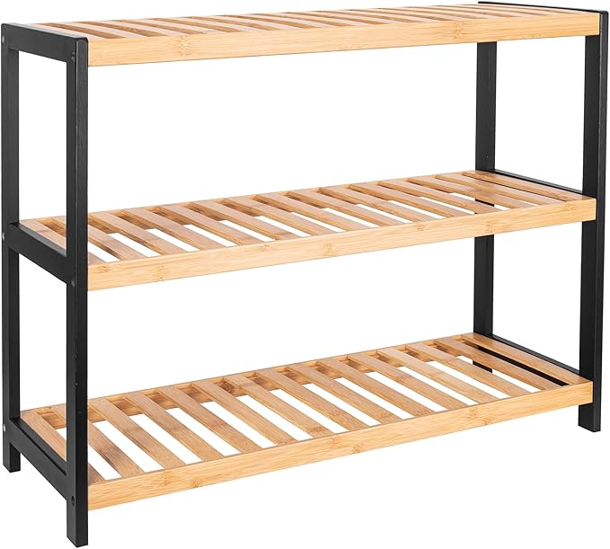 Vencier Bamboo Shoe Rack Natural – Easy Assembly & Strong Design Stand Shelf Organizer Ideal for Corridor, Bedroom, Bathroom, Hallway & Small Spaces, Large Capacity (Natural/Black, 3 Tier)