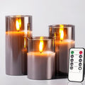 Glass Grey Real Wax LED Candles Flickering with Remote & Timer - Fake Candles Flickering Light, Battery Candles Set of 3, Festival, Wedding, Home Decor, Room Decor[Energy Class A]