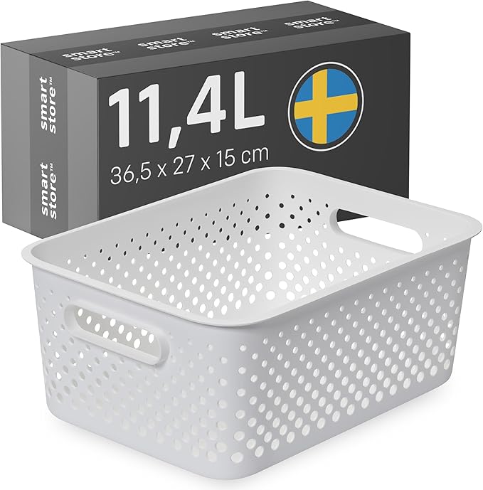 SmartStore Storage Basket with Handles in White 11.4L (36.5x27x15cm) | Plastic Storage Bin from Recycled Plastic | Essence L Storage Box fits A4 paper| Storage with 10-year Warranty