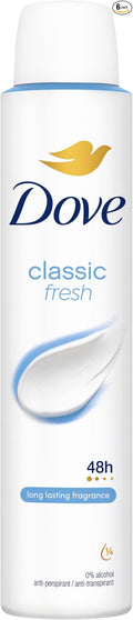 Dove Classic Fresh Anti-Perspirant Aerosol Women's Deodorant Spray with ¼ moisturising cream for 48 hour sweat and odour protection 6x 200 ml