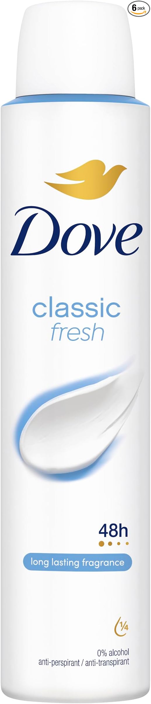 Dove Classic Fresh Anti-Perspirant Aerosol Women's Deodorant Spray with ¼ moisturising cream for 48 hour sweat and odour protection 6x 200 ml
